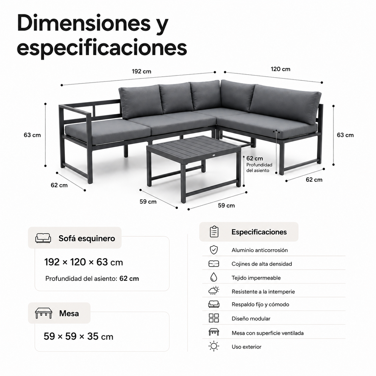 Plano de dimensiones y especificaciones de un sofá modular de exterior y mesa.