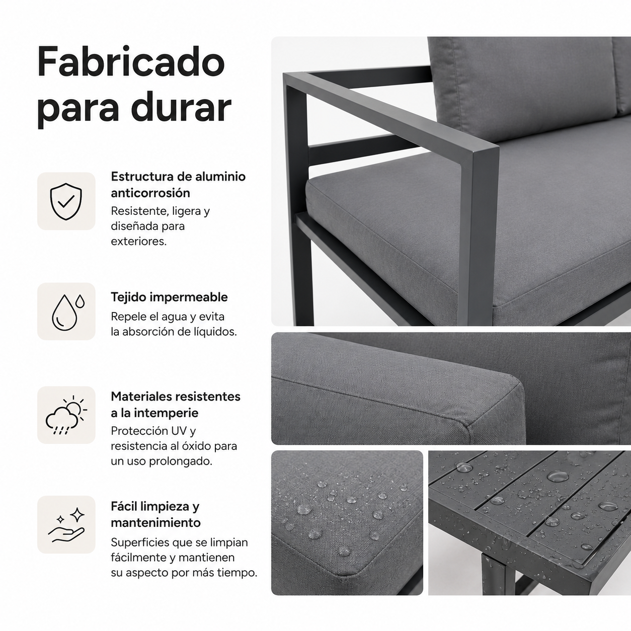 Características de muebles de exterior: estructura de aluminio y cojines grises impermeables con gotas de agua.