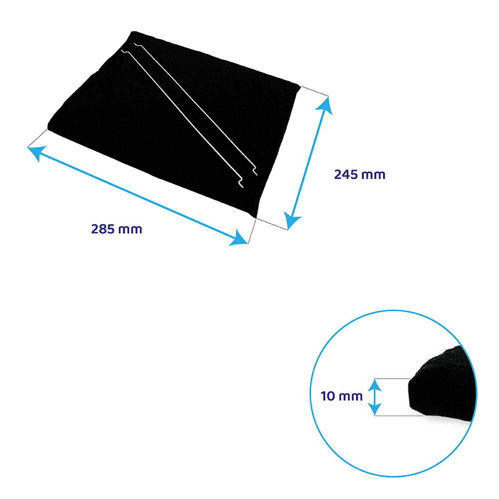 Schwarze Matte, 285x245 mm, 10 mm dick, mit zwei kleinen Drahtklammern.