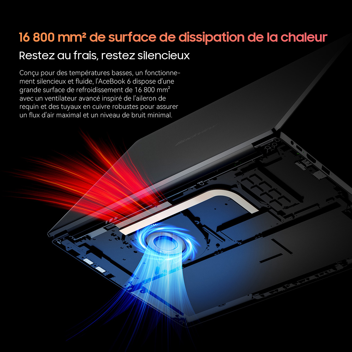 Opengewerkte laptop toont koelsysteem met blauwe luchtstromen en rode warmte.