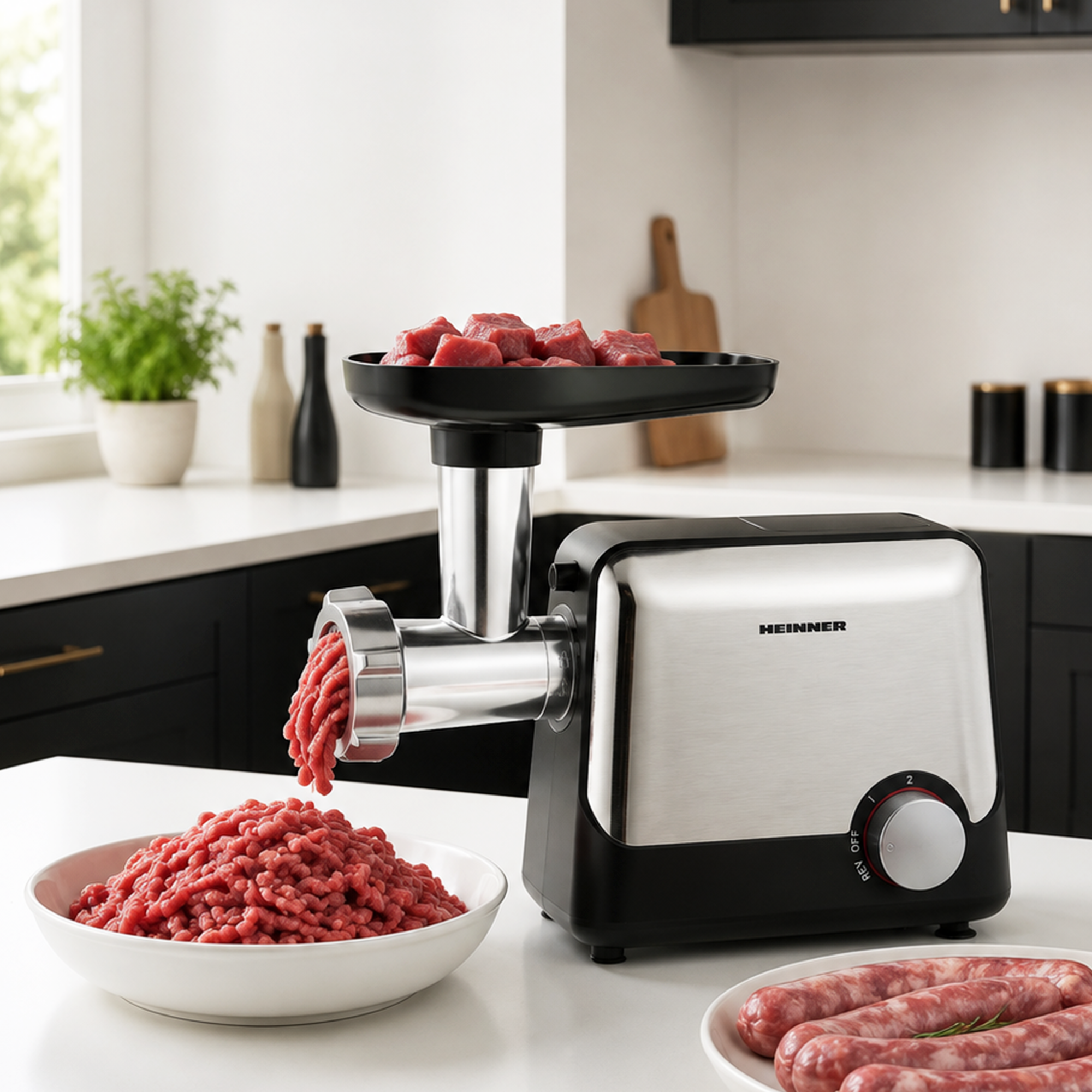 Ein elektrischer Fleischwolf auf einer Küchentheke mahlt frisches Fleisch in eine Schüssel.