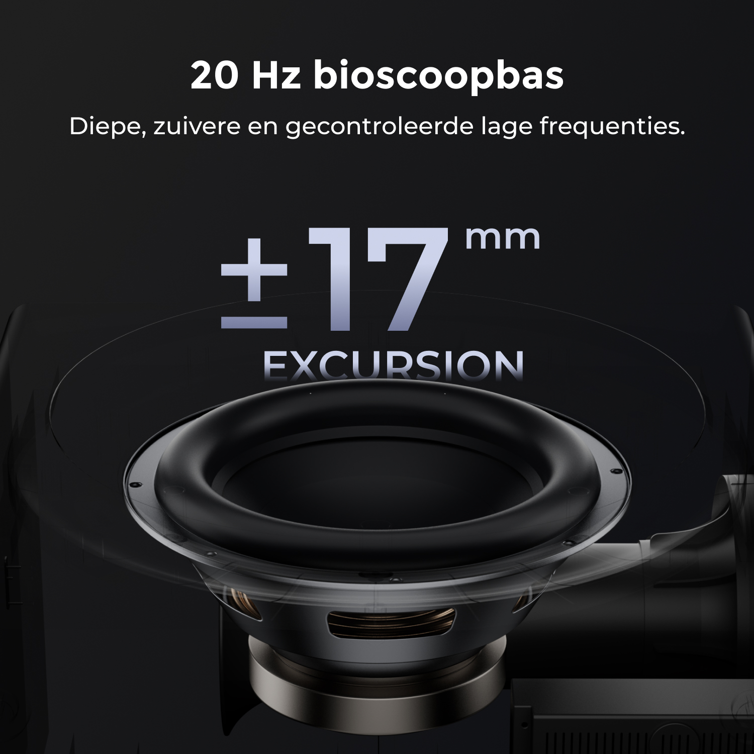 Technisch diagram van een subwoofer met tekst over lage frequenties en uitslag op een zwarte achtergrond.