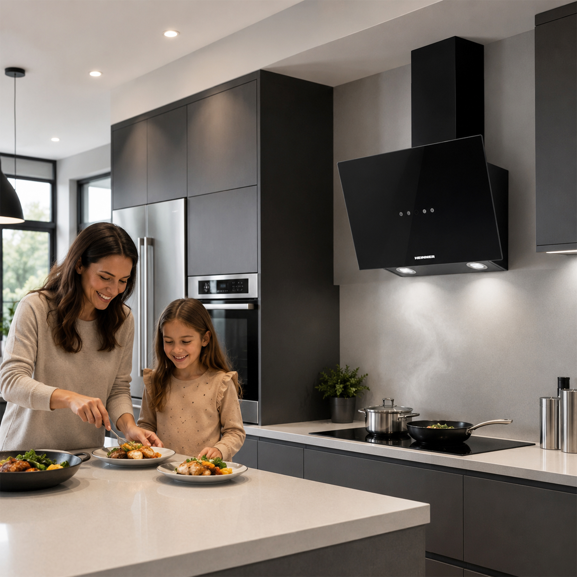 Eine Mutter und Tochter bereiten gemeinsam Essen in einer modernen Küche zu.