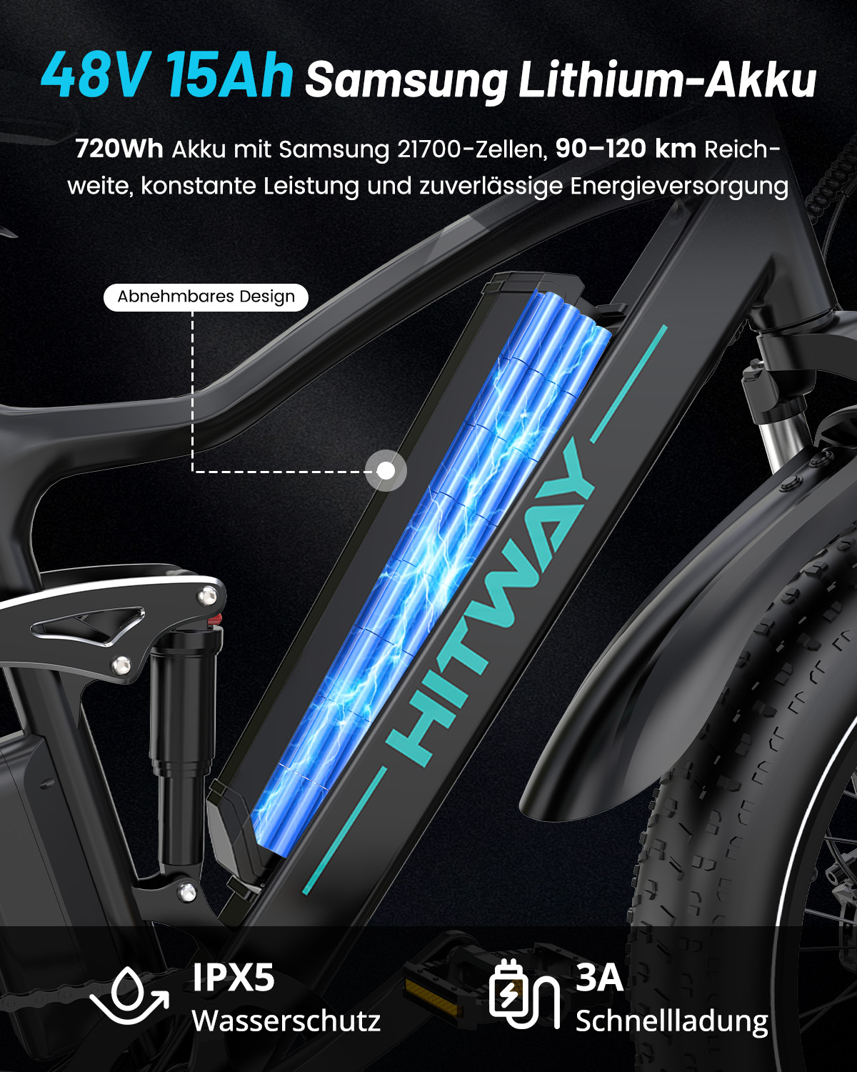 Ein Hitway E-Bike Rahmen mit einem sichtbaren blauen 48V 15Ah Samsung Lithium-Akku und Textdetails.