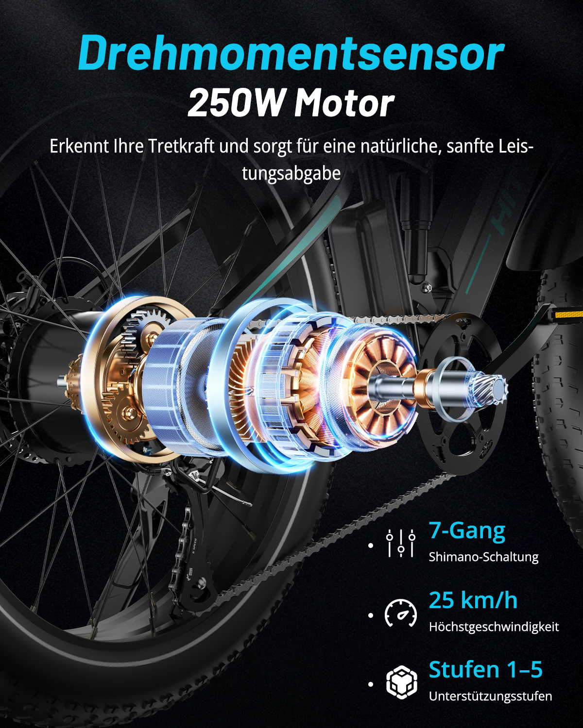 Diagramm eines E-Bike-Motors mit 250W, Drehmomentsensor und 7-Gang-Schaltung vor schwarzem Hintergrund.