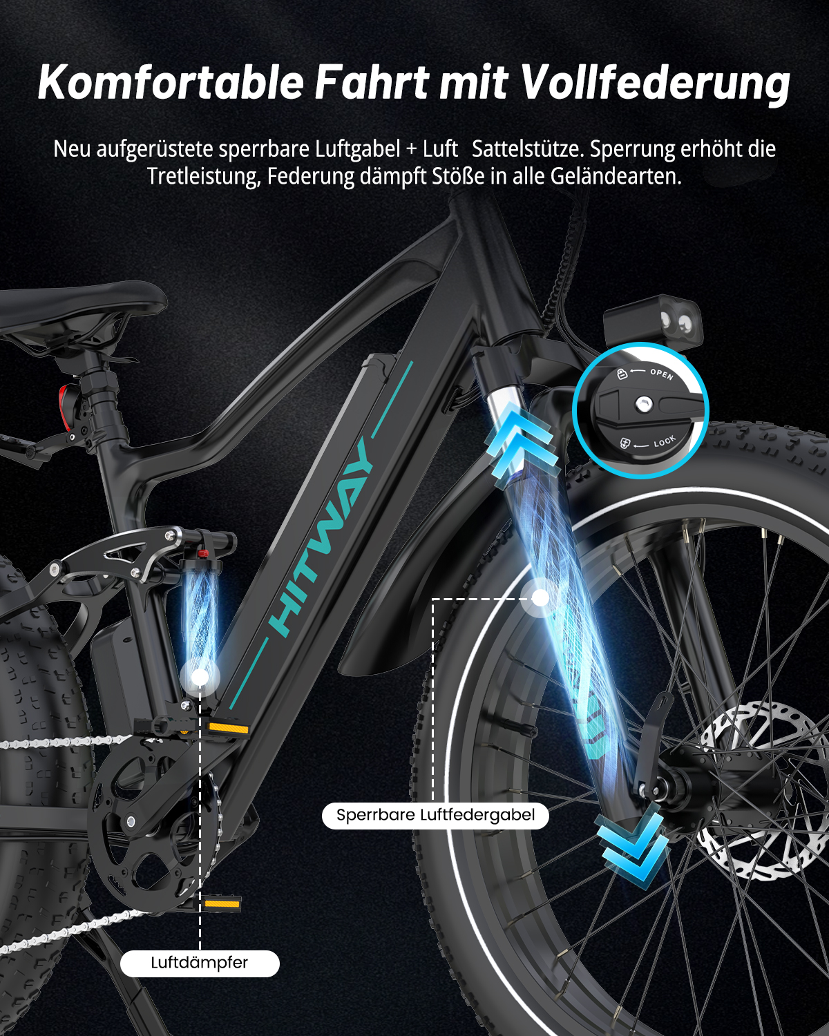 Schwarzes E-Bike mit Vollfederung, Scheibenbremsen und blauen grafischen Hervorhebungen der Gabel und des Dämpfers.