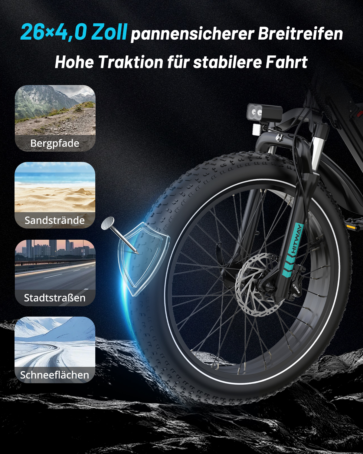 E-Bike-Reifen mit Pannenschutz für Berg-, Strand-, Stadt- und Schneewege.