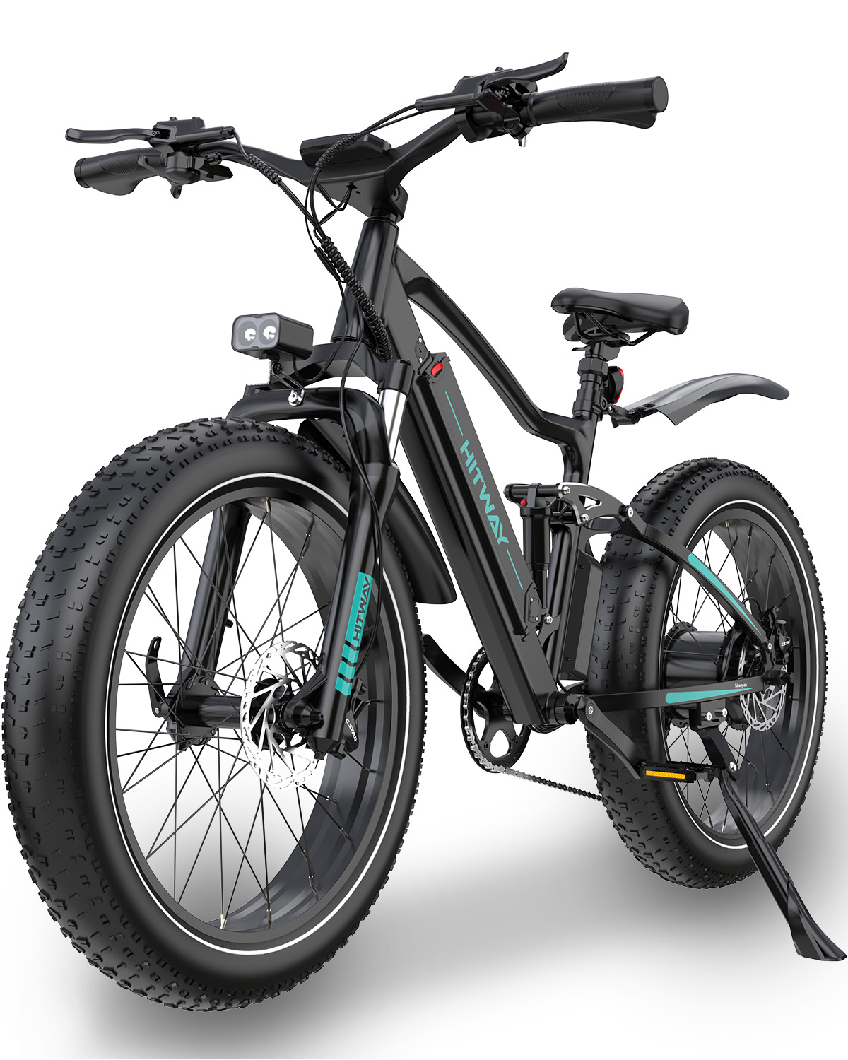 Ein schwarzes Elektro-Mountainbike mit dicken Reifen, Federung, Scheibenbremsen und türkisen Akzenten.