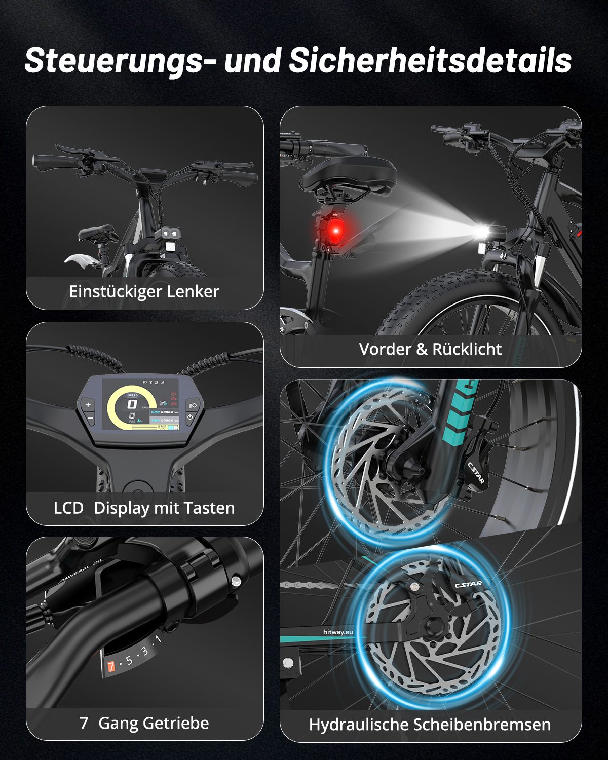 Fünf Detailansichten eines E-Bikes zeigen Lenker, Lichter, Display, Gangschaltung und Bremsen.