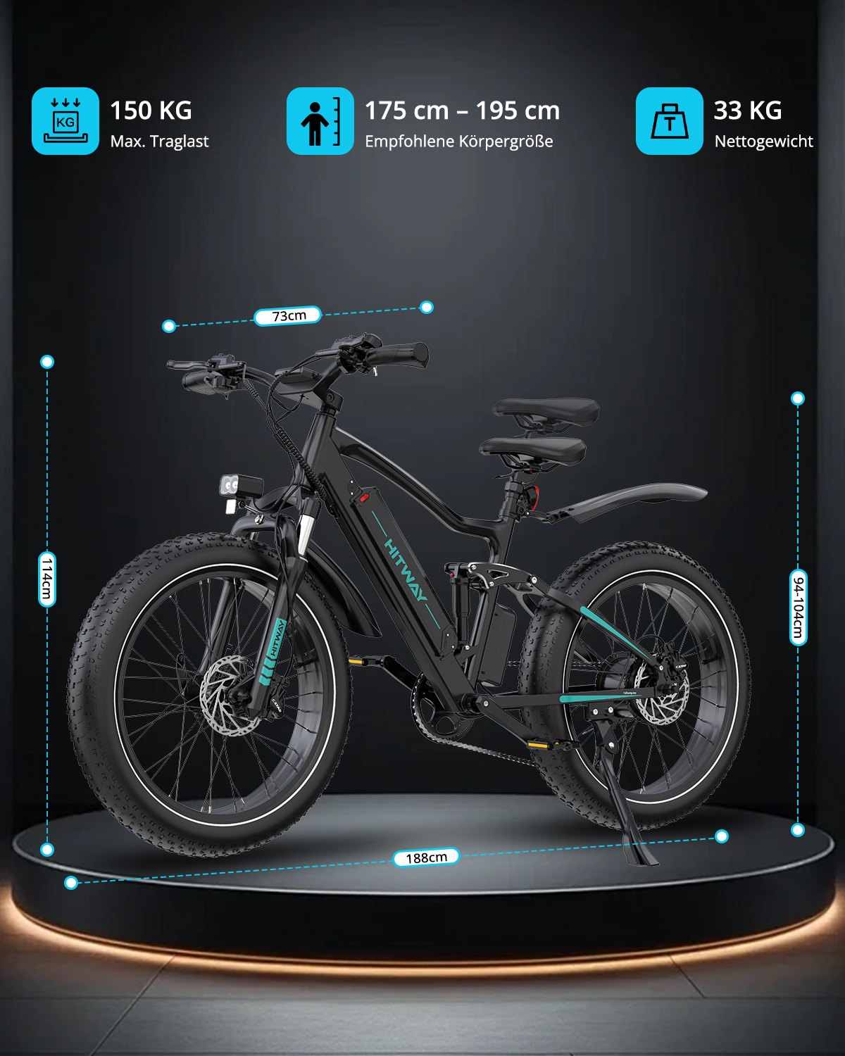 Ein schwarzes Elektro-Fahrrad mit dicken Reifen auf einer runden Plattform, mit Gewichts- und Größenangaben.