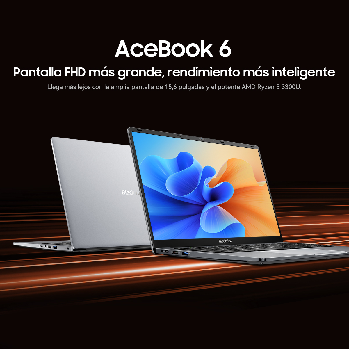 Dos ordenadores portátiles AceBook 6 plateados sobre un fondo oscuro con rayas de luz naranja y texto.