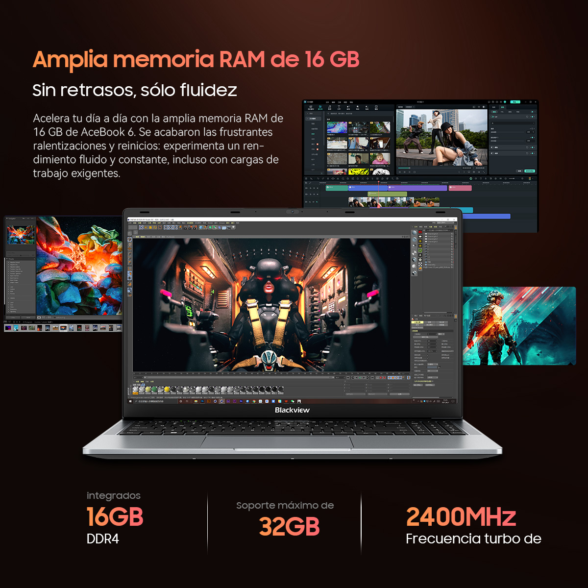 Un portátil Blackview que muestra 16 GB de RAM y rendimiento.