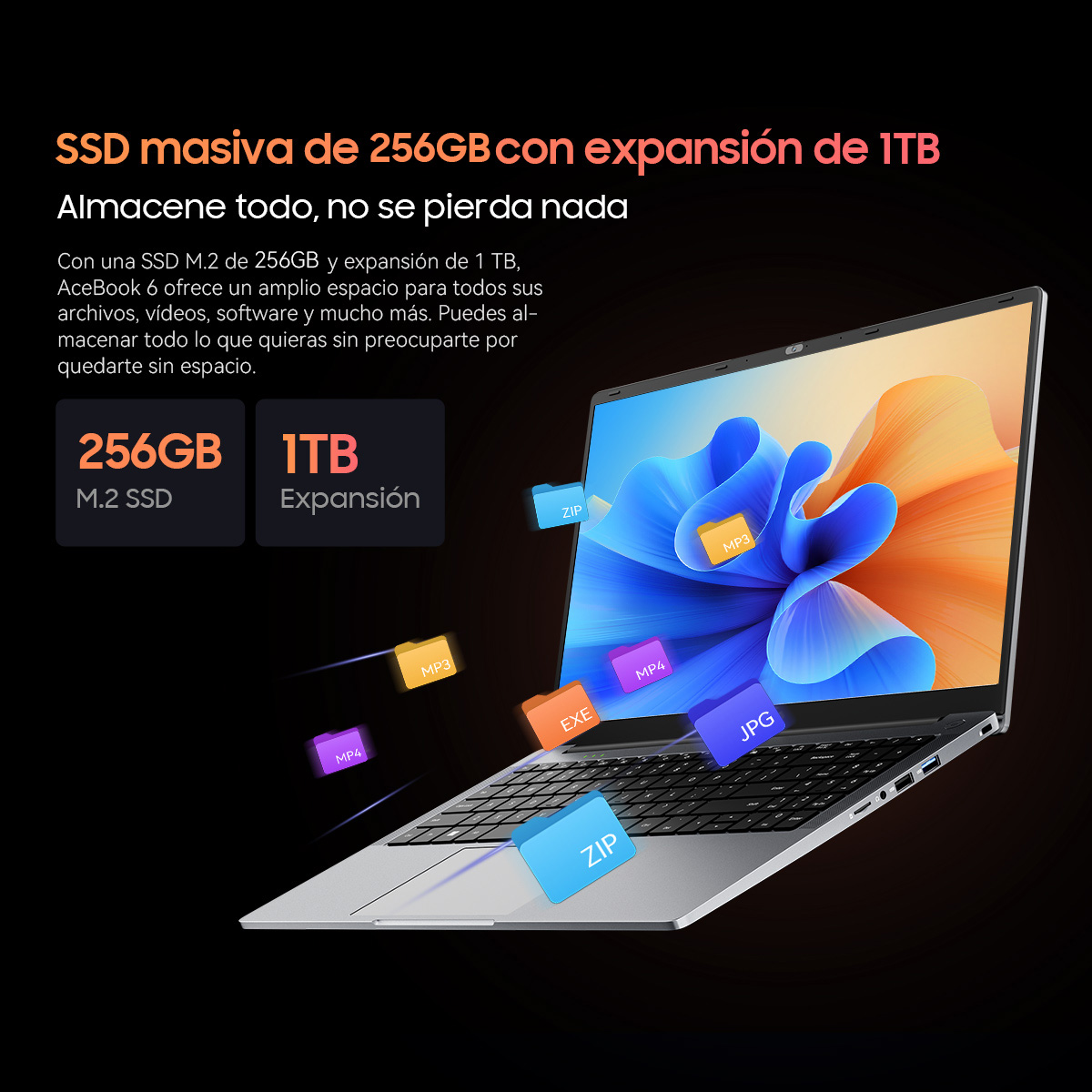 Un ordenador portátil plateado con iconos de archivos volando sobre fondo oscuro con texto en español.