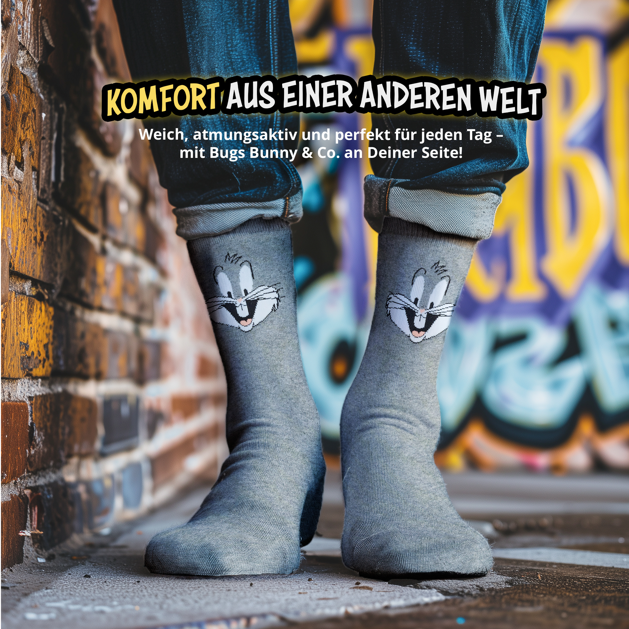 Person in Jeans trägt graue Socken mit dem Gesicht von Bugs Bunny vor einer bunten Graffiti-Wand.
