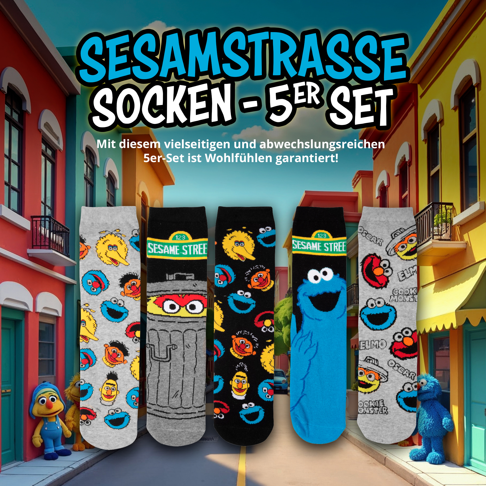 Fünf bunte Sesamstraße-Socken vor einer bunten Straßenkulisse mit Text.