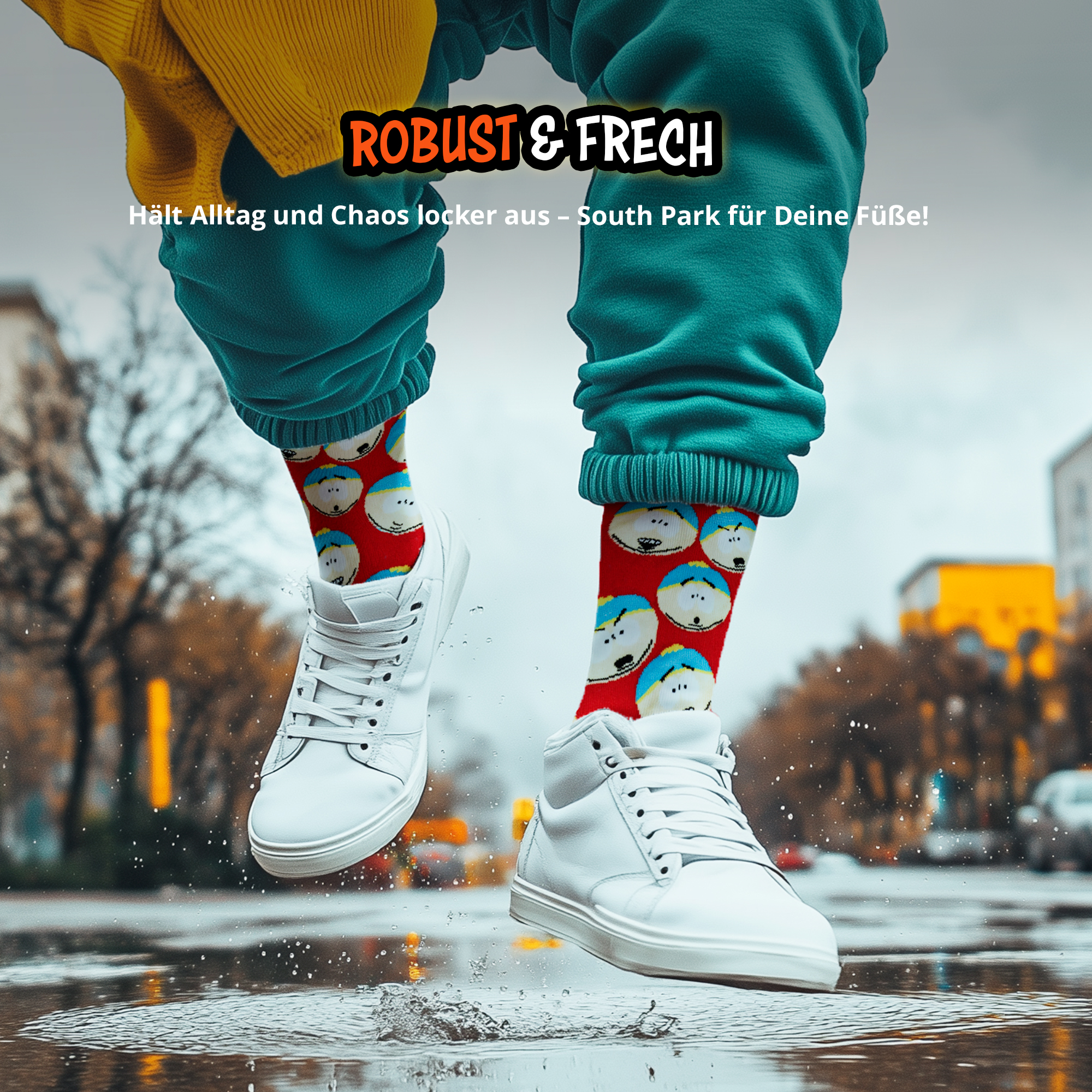 Person springt mit weißen Schuhen und South Park-Socken durch eine Pfütze, mit Textoverlay.