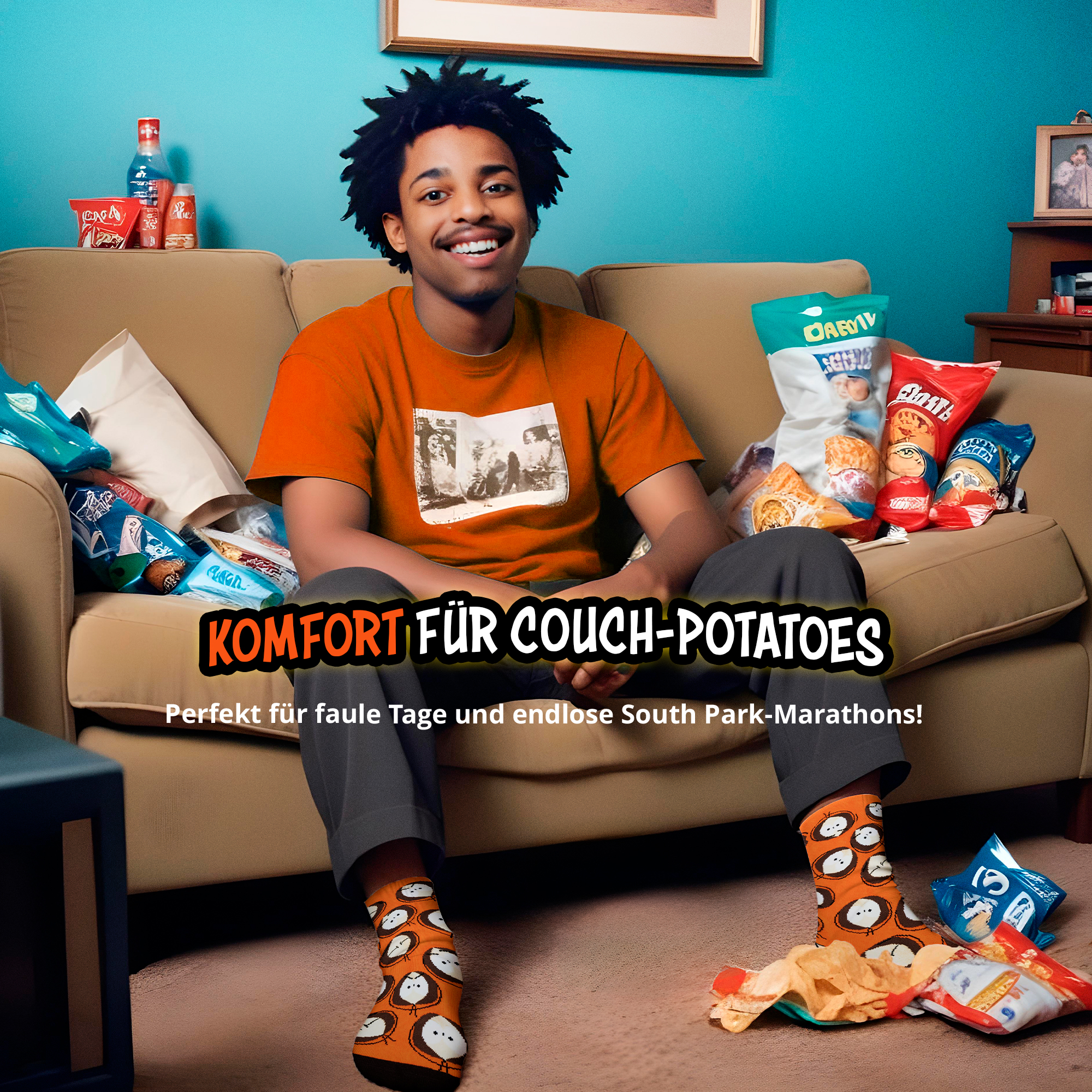 Lächelnder Mann sitzt auf einer beigen Couch umgeben von Snacktüten und trägt ein orangefarbenes Shirt.