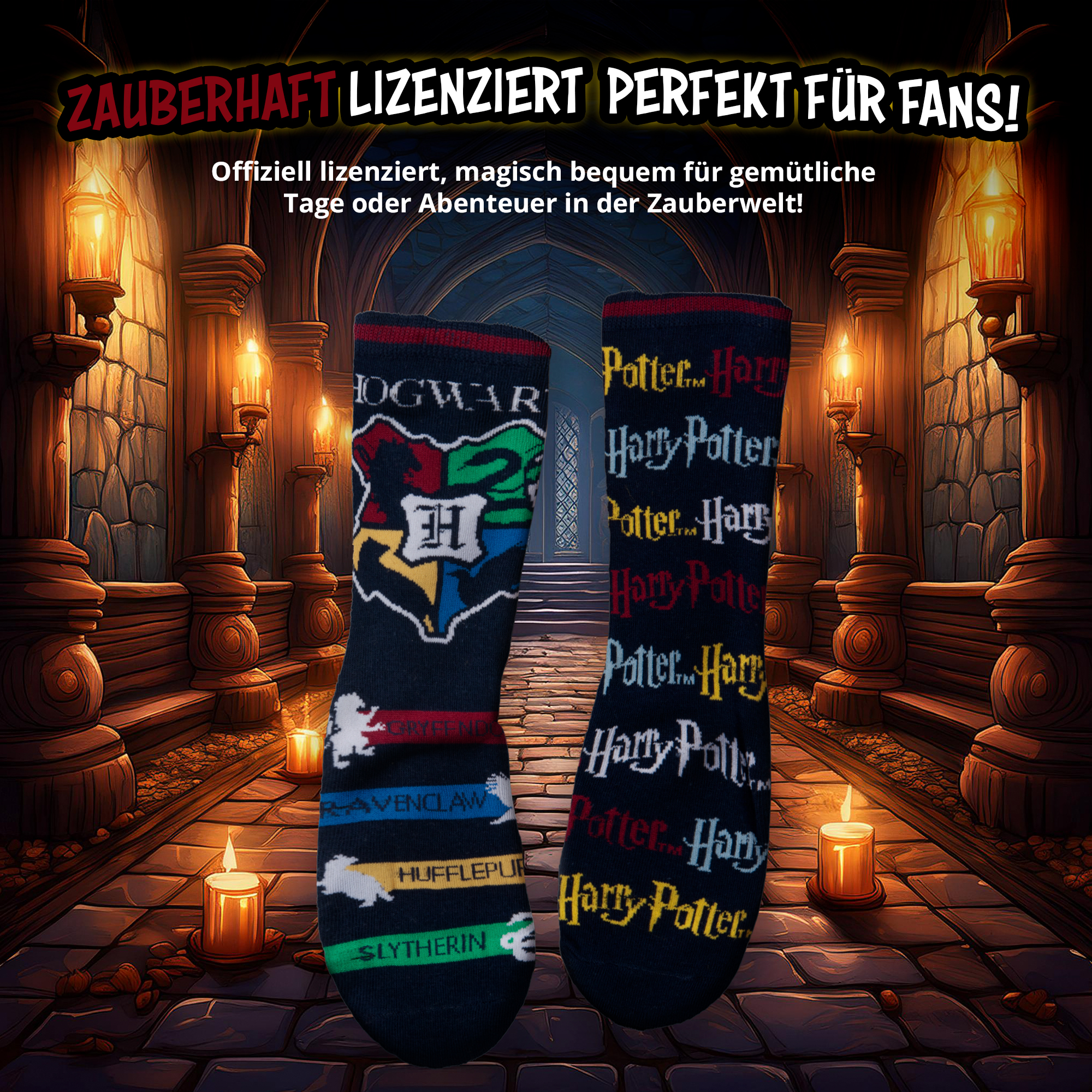Zwei Harry-Potter-Socken vor einer magischen Schlosskulisse mit brennenden Kerzen.