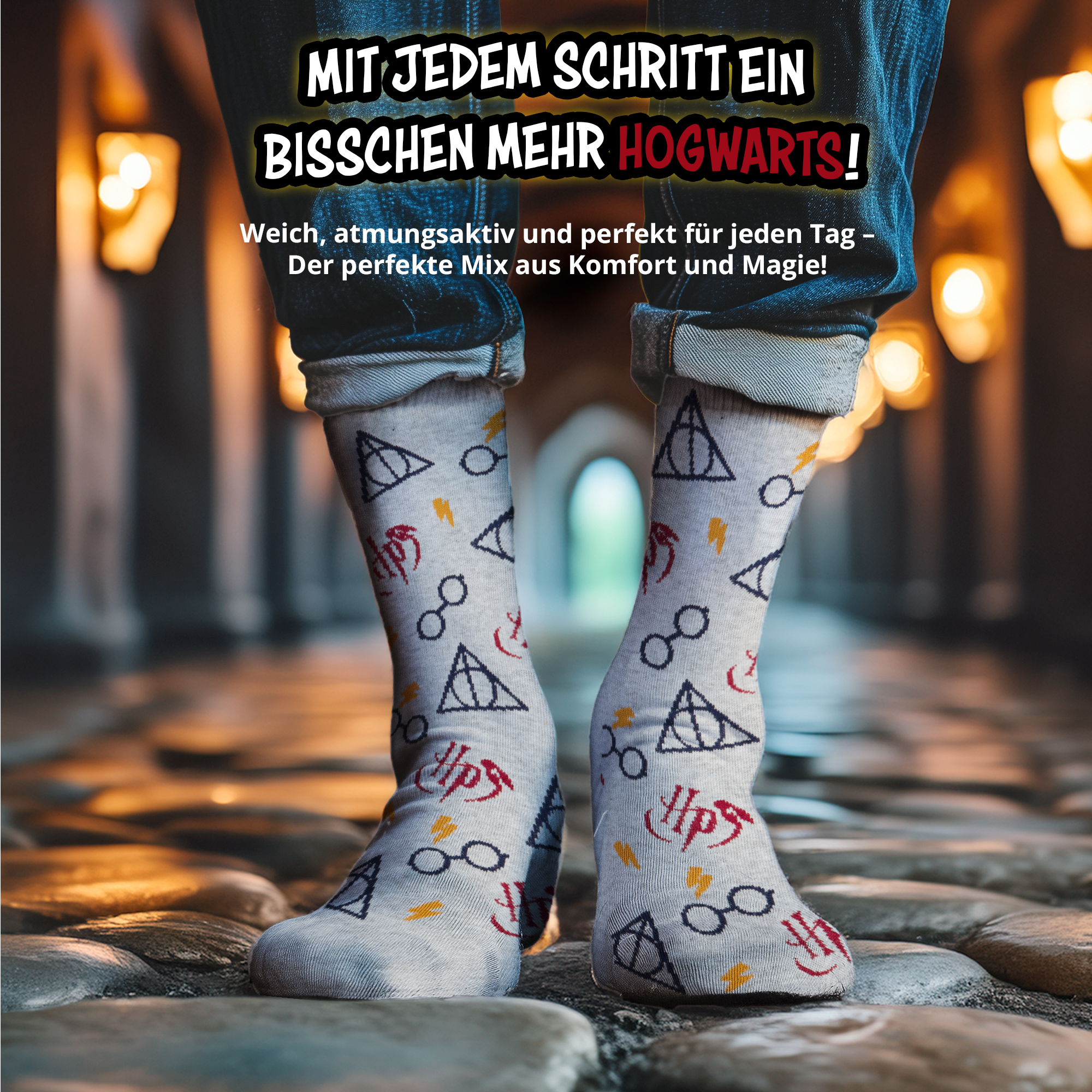 Person in Jeans und gemusterten Harry-Potter-Socken steht auf Kopfsteinpflaster.