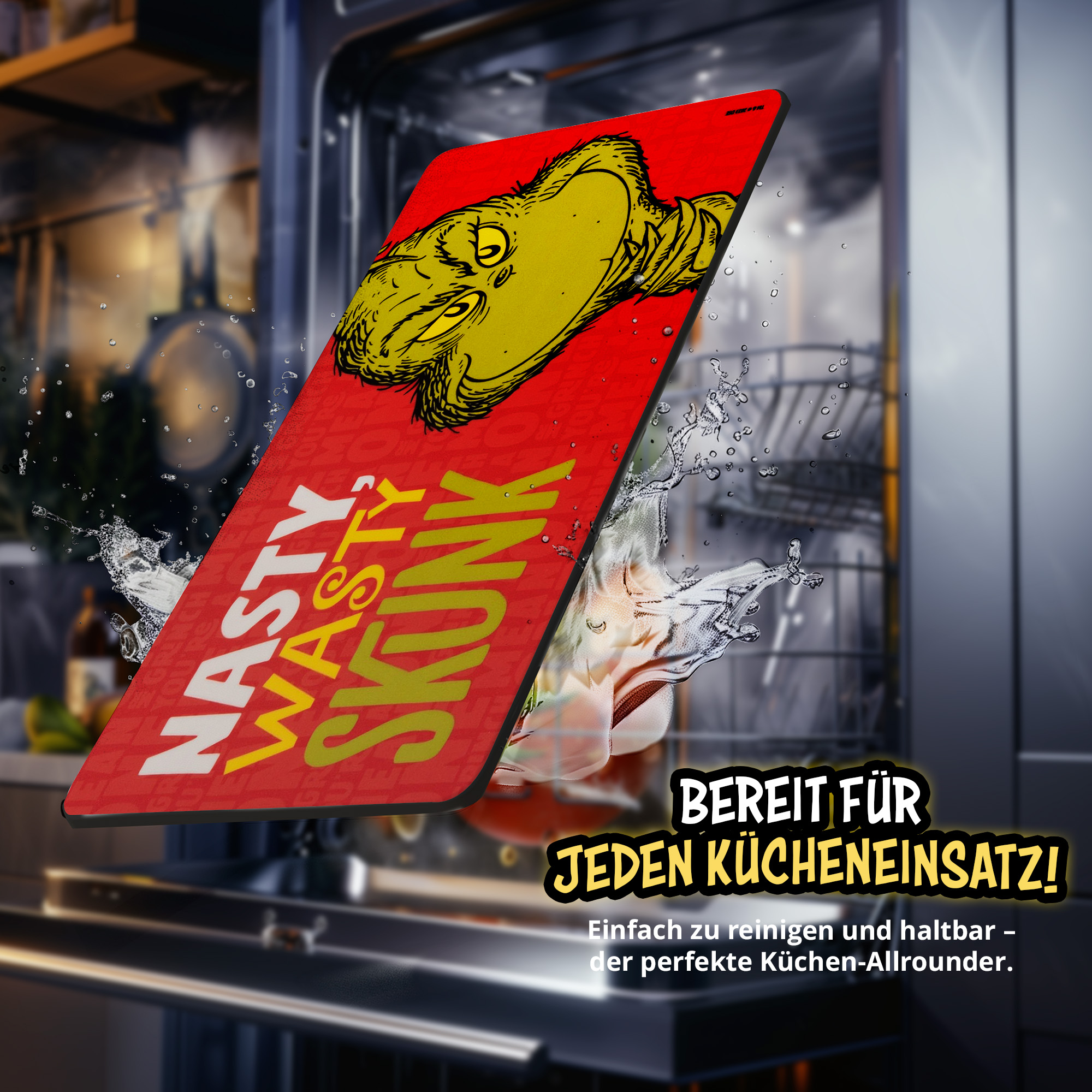Rotes Küchentuch mit gelbem Affenmotiv und Text vor einer Spüle.
