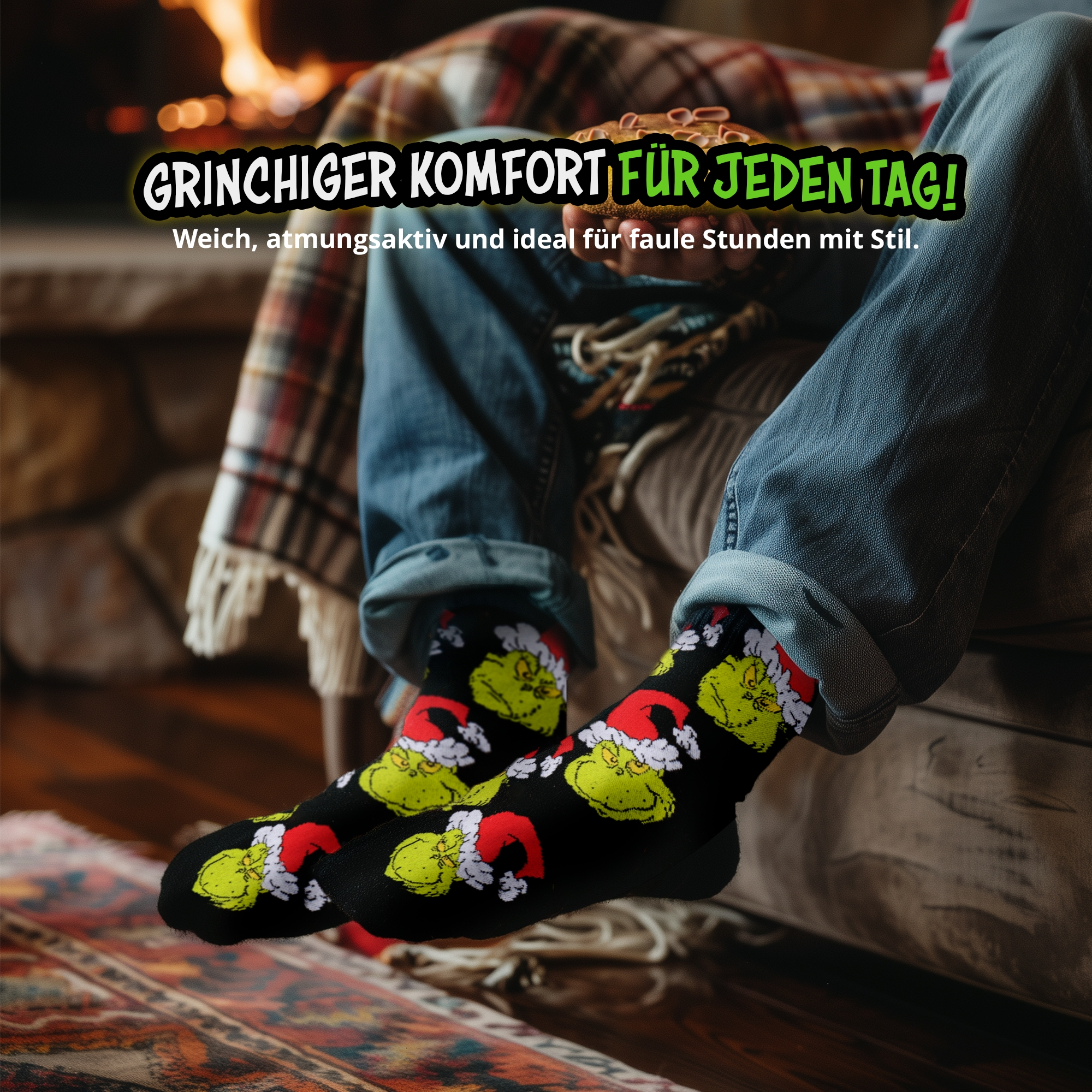 Person in Jeans sitzt gemütlich am Kamin und trägt schwarze Grinch-Weihnachtssocken.