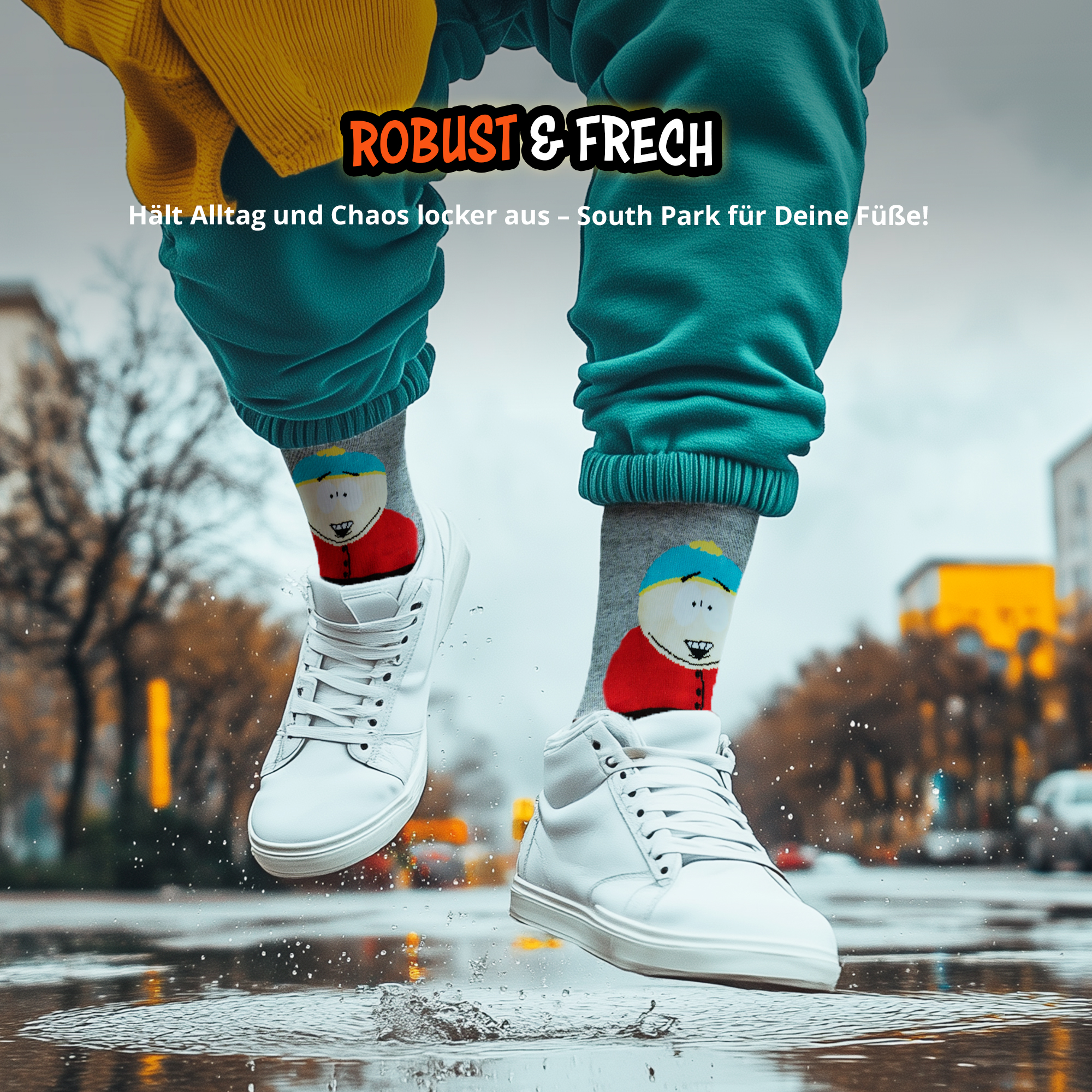 Person springt mit grauen South-Park-Socken und weißen Sneakern über eine Pfütze.