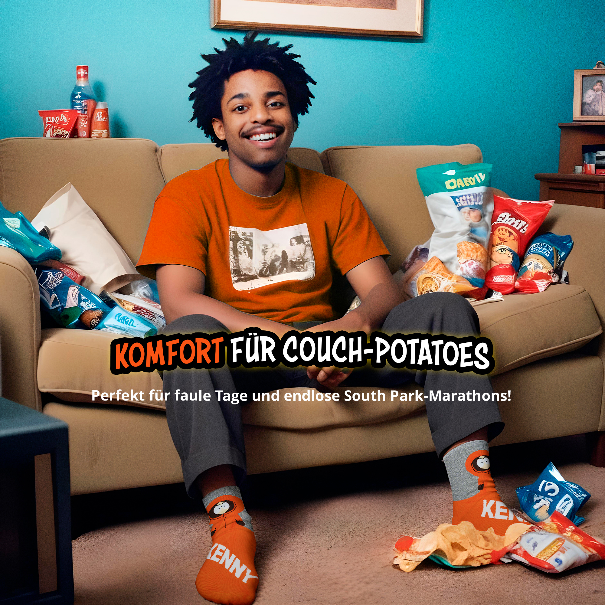 Ein junger Mann sitzt auf einer Couch mit Snacks und Socken mit South-Park-Motiv.