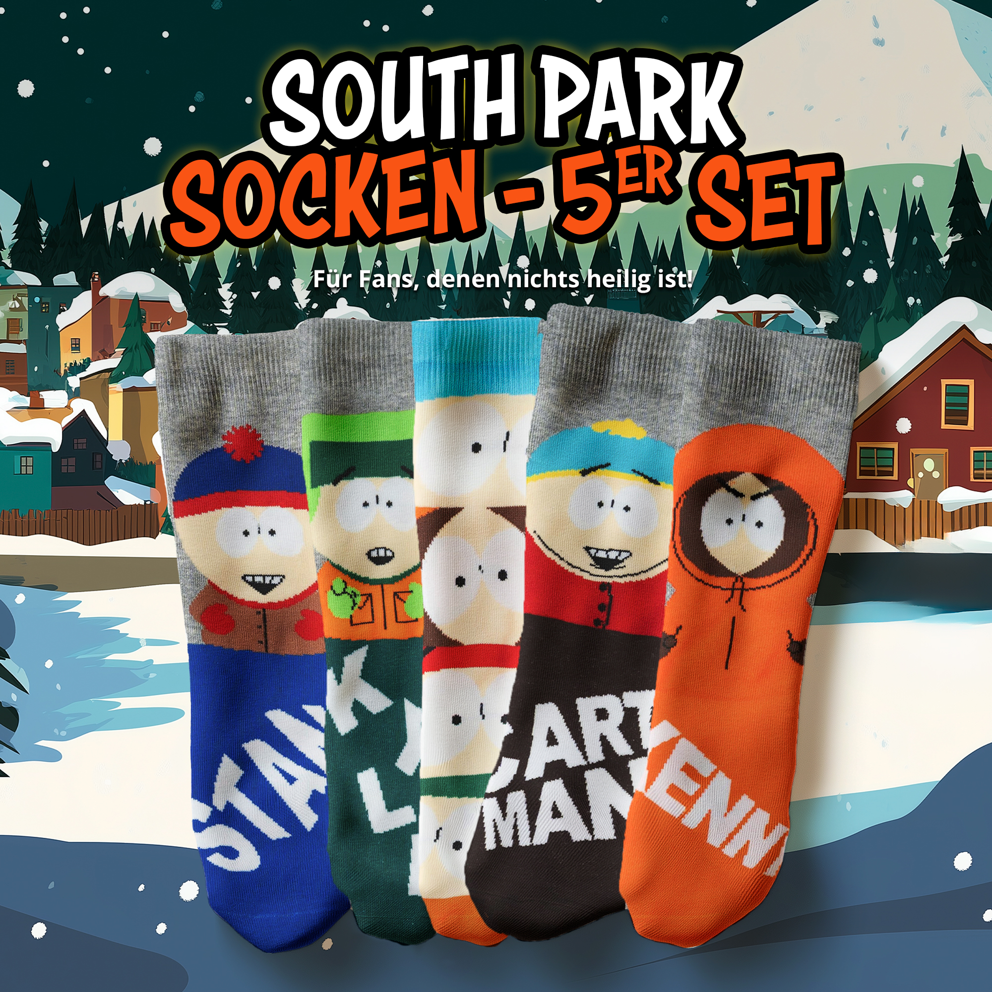 Ein 5er-Set South Park Socken mit den Charakteren Stan, Kyle, Butters, Cartman und Kenny vor verschneitem Hintergrund.