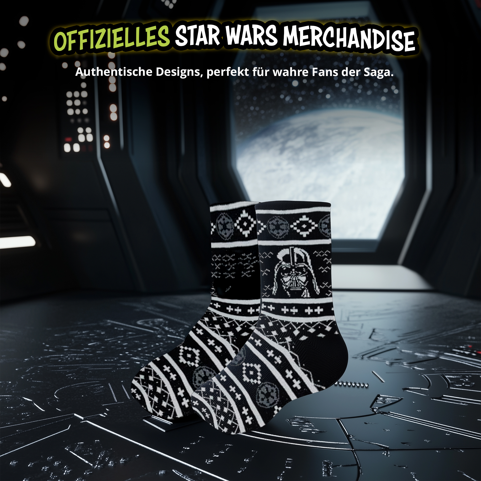 Offizielle Star Wars Socken mit Darth Vader Motiv auf schwarzem Hintergrund mit winterlichem Muster.