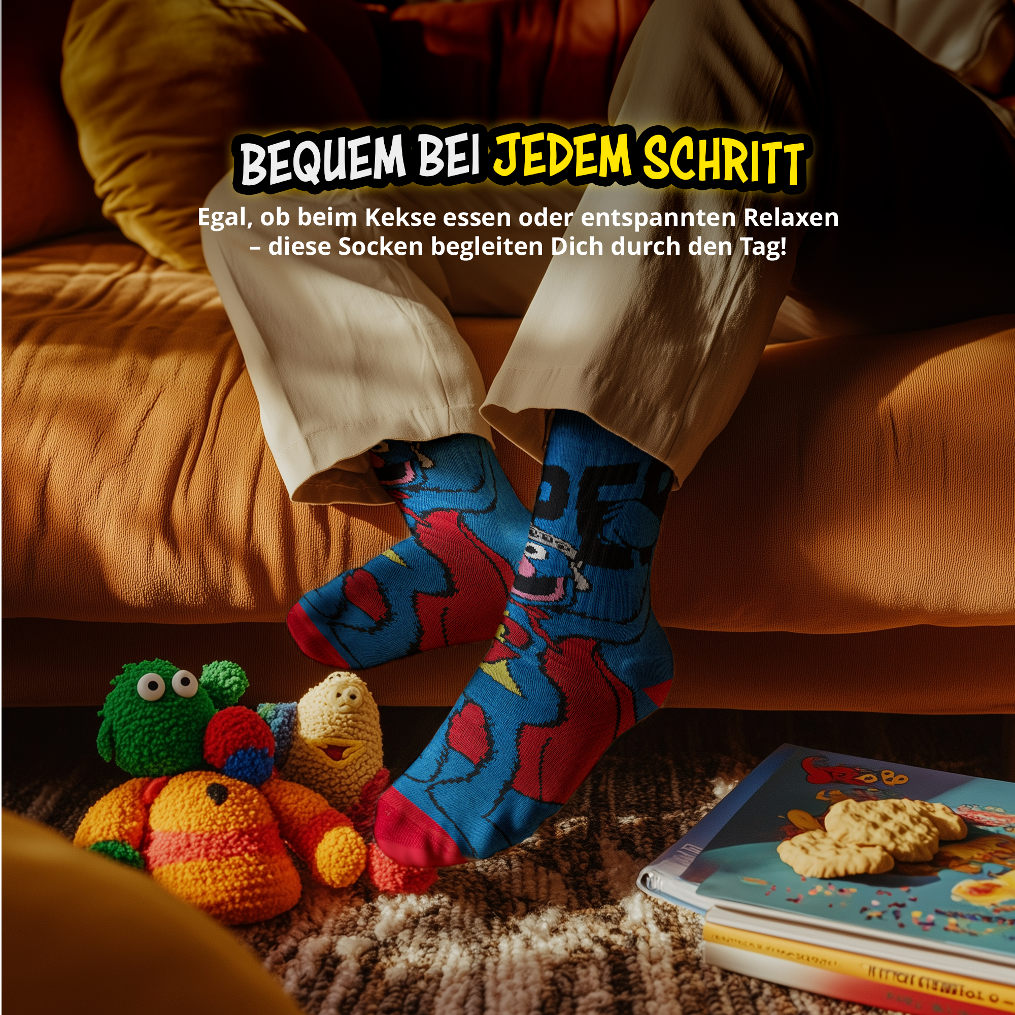Person auf orangefarbenem Sofa trägt blaue Socken mit Muster, umgeben von Plüschtieren und Büchern mit Keksen.