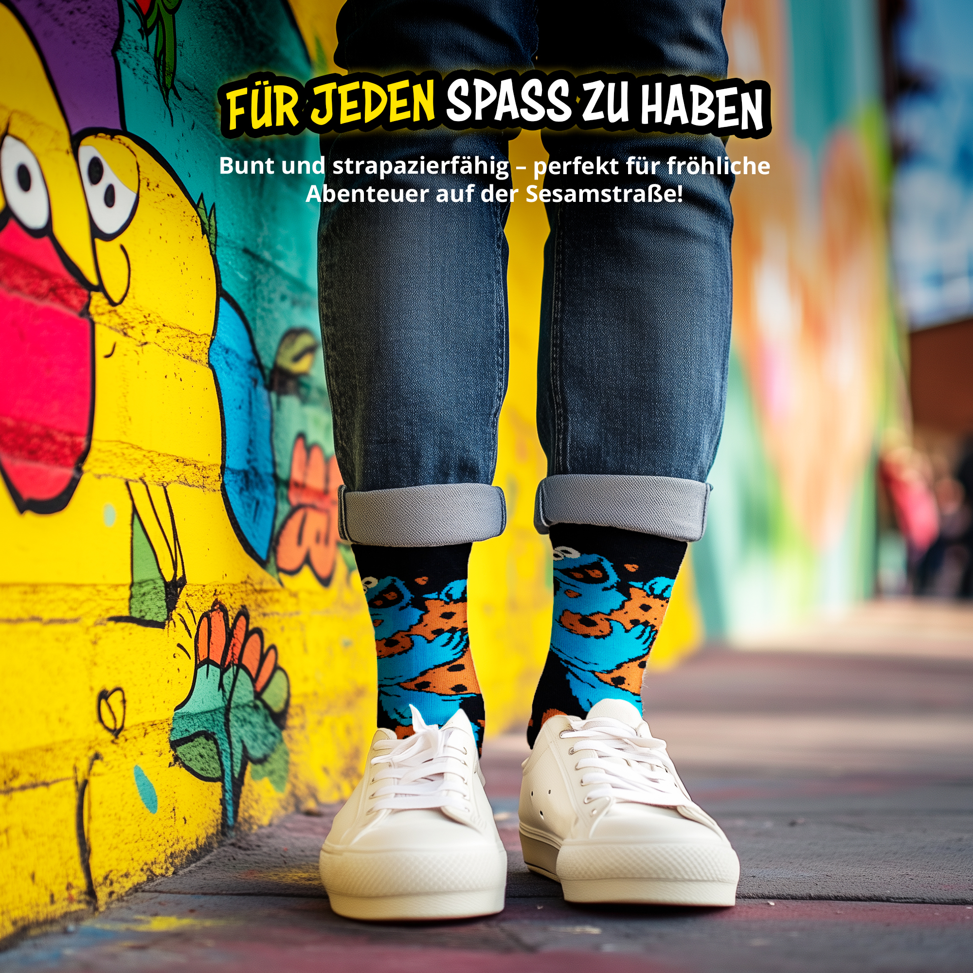 Person in blauen Jeans und weißen Sneakern trägt Sesamstraßen-Socken vor einer bunten Graffiti-Wand.