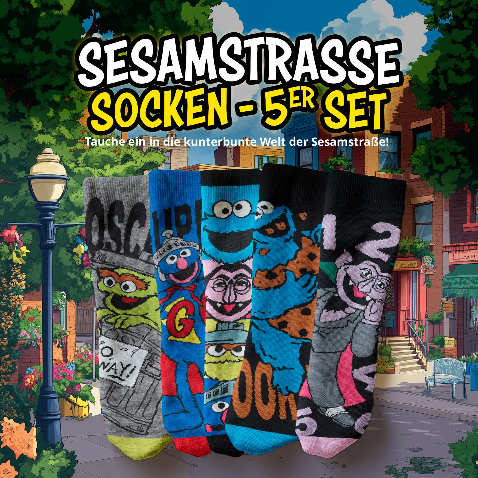Fünf bunte Socken mit Sesamstraßen-Charakteren vor einer gezeichneten Straßenkulisse.