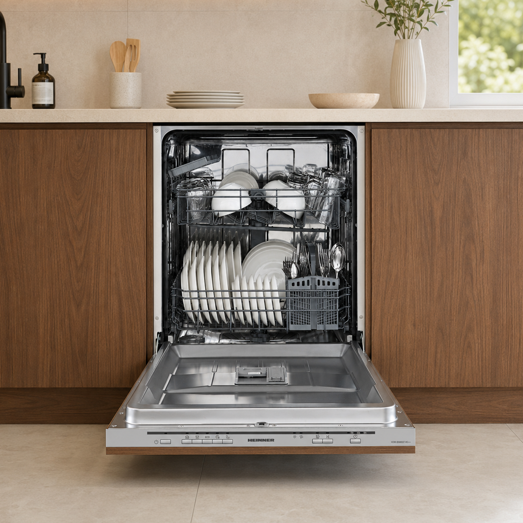 Een open vaatwasser gevuld met schone borden, kommen en bestek in een moderne keuken met houten kasten.