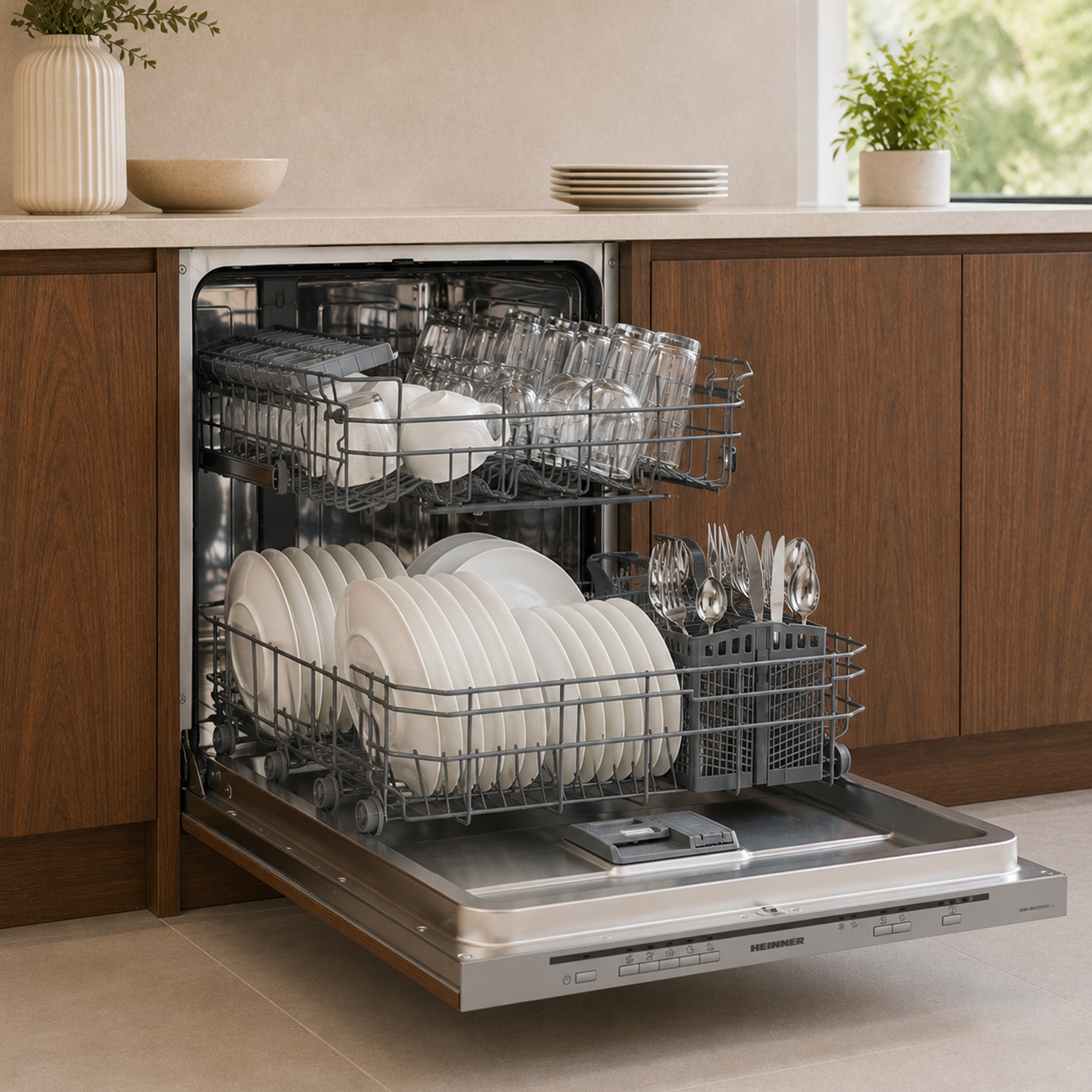 Open vaatwasser in houten keuken, gevuld met borden, glazen en bestek.
