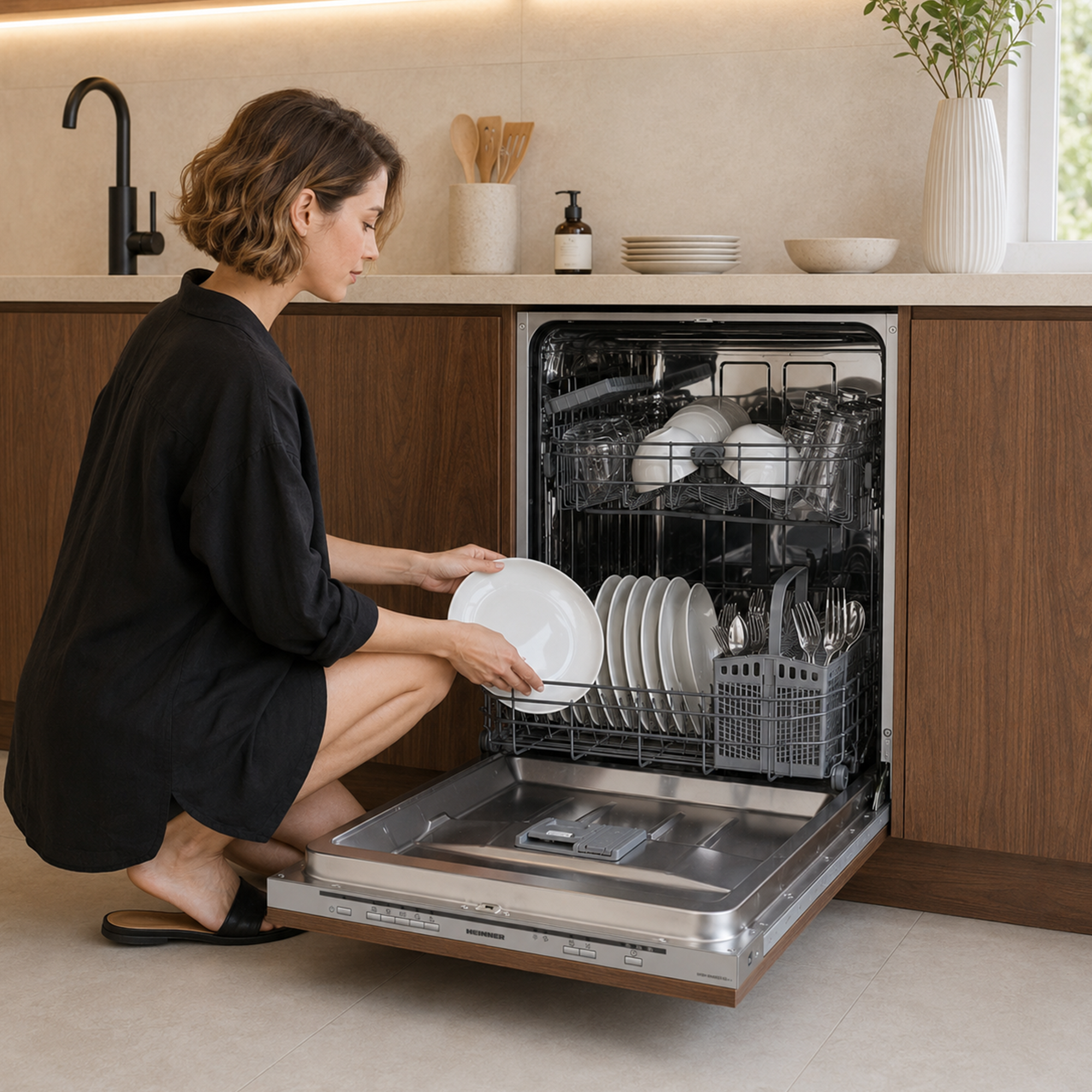Een vrouw in het zwart laadt borden in het onderste rek van een moderne vaatwasser in een houten keuken.