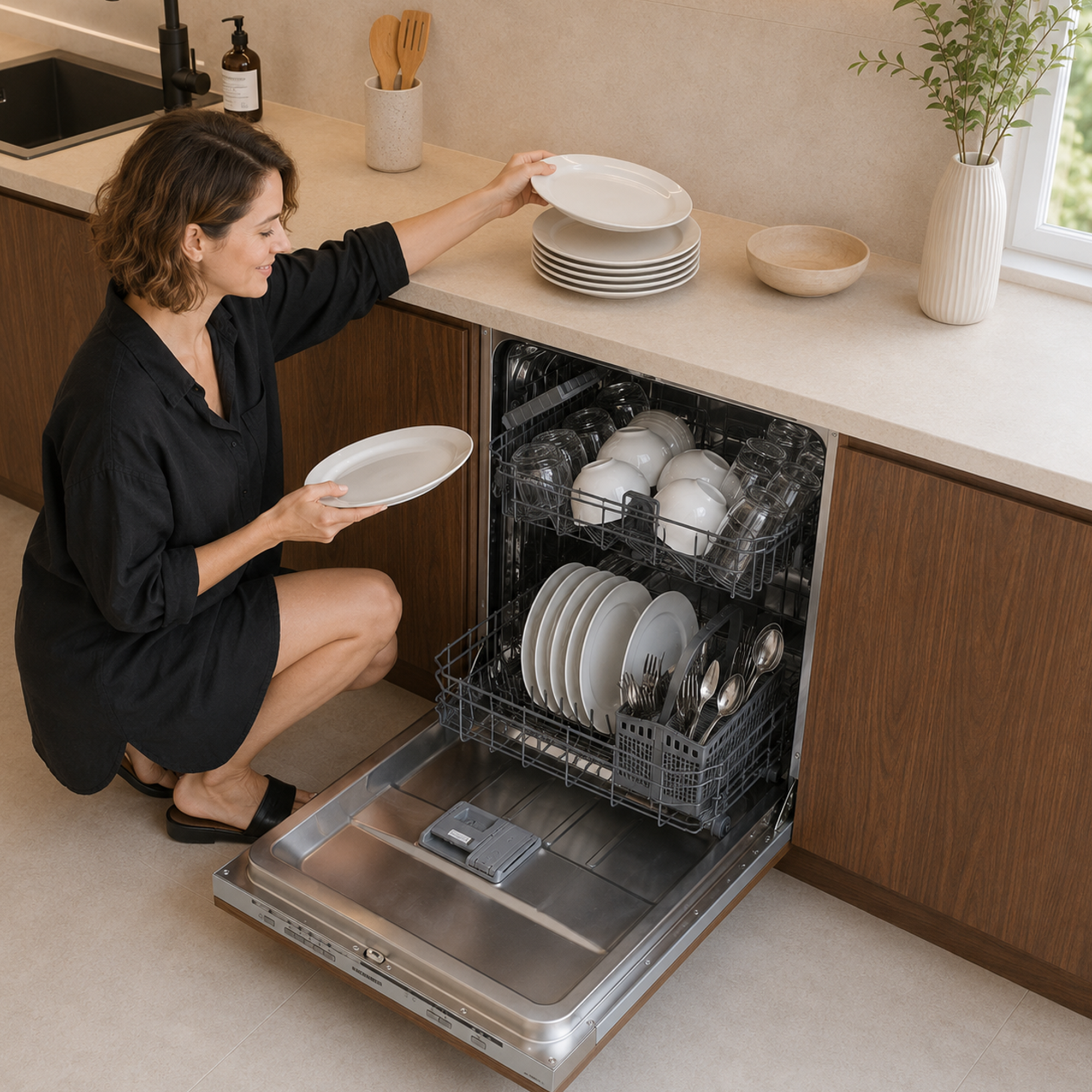Een vrouw in het zwart ruimt borden in een open vaatwasser in een moderne keuken.