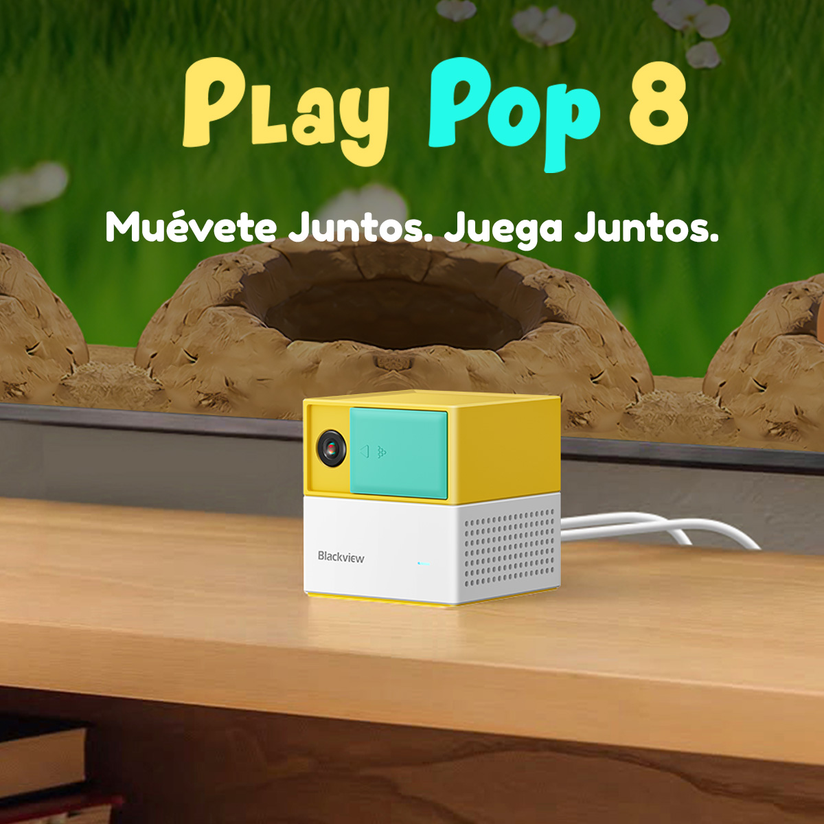 Un dispositivo amarillo y blanco Blackview Play Pop 8 sobre un estante de madera.