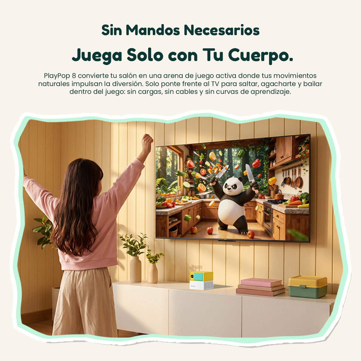 Un niño jugando a un juego de movimiento interactivo en el salón frente a un televisor.