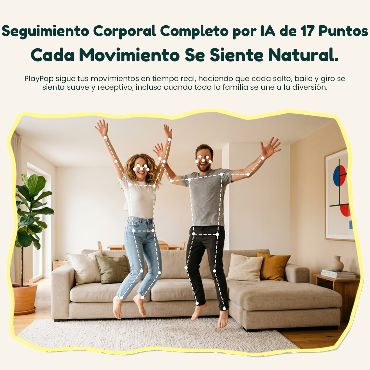 Un hombre y una mujer saltan felices en una sala frente a un sofá, con líneas de seguimiento corporal.