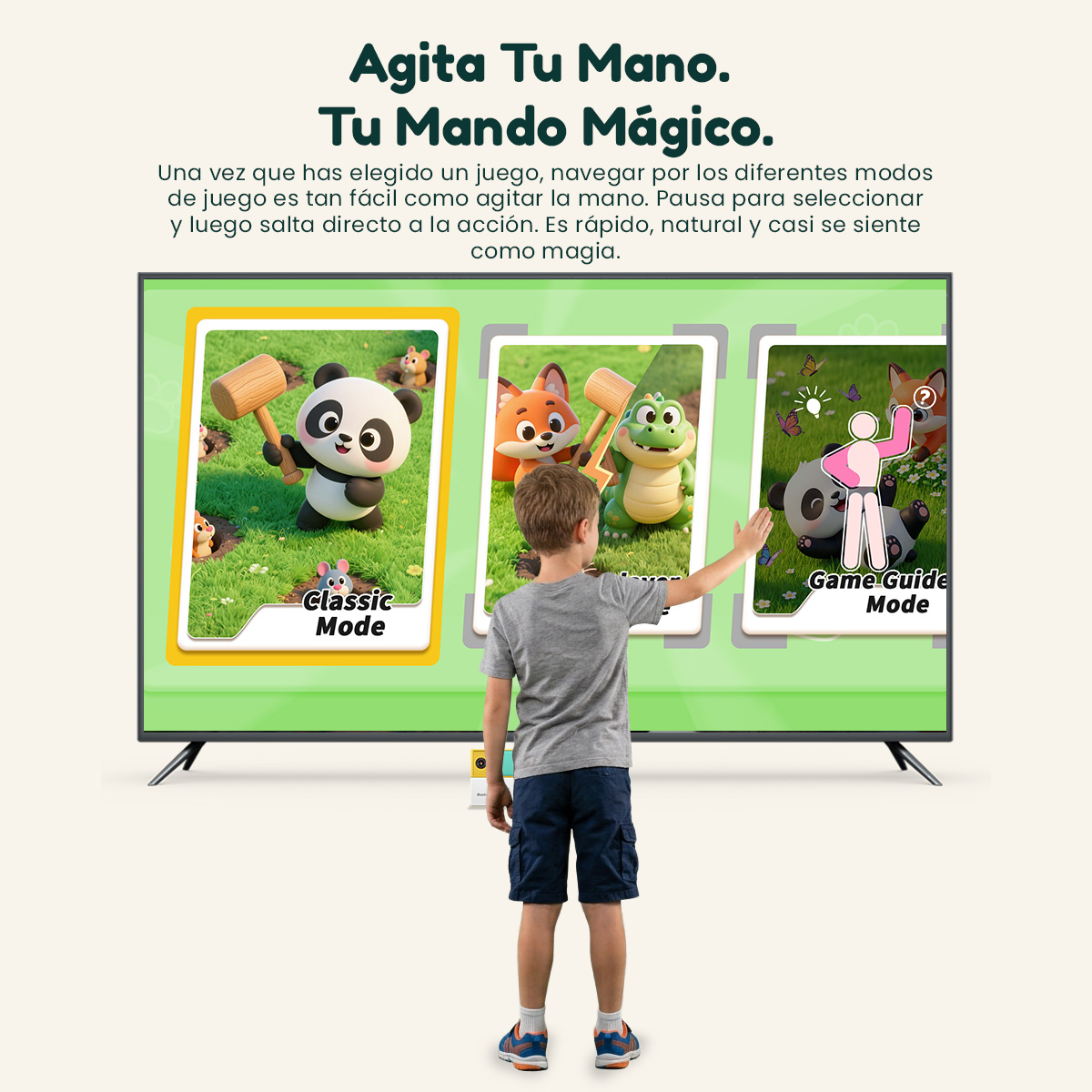 Un niño juega a un videojuego en la televisión usando gestos con las manos.