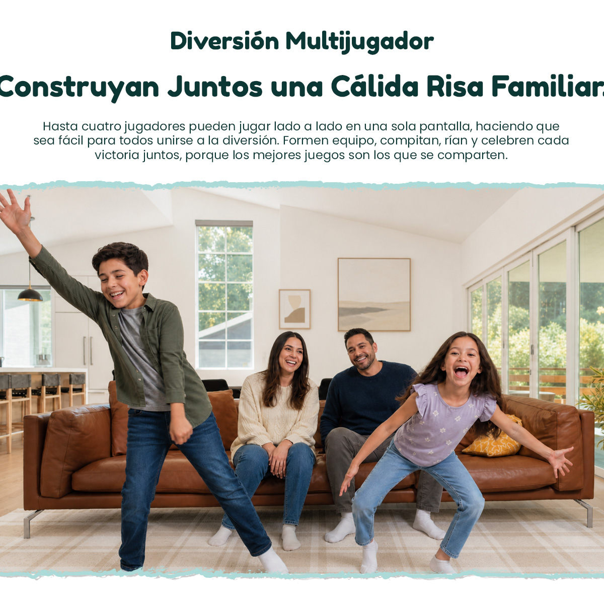 Una familia feliz de cuatro en una sala con un sofá de cuero y dos niños jugando al frente.