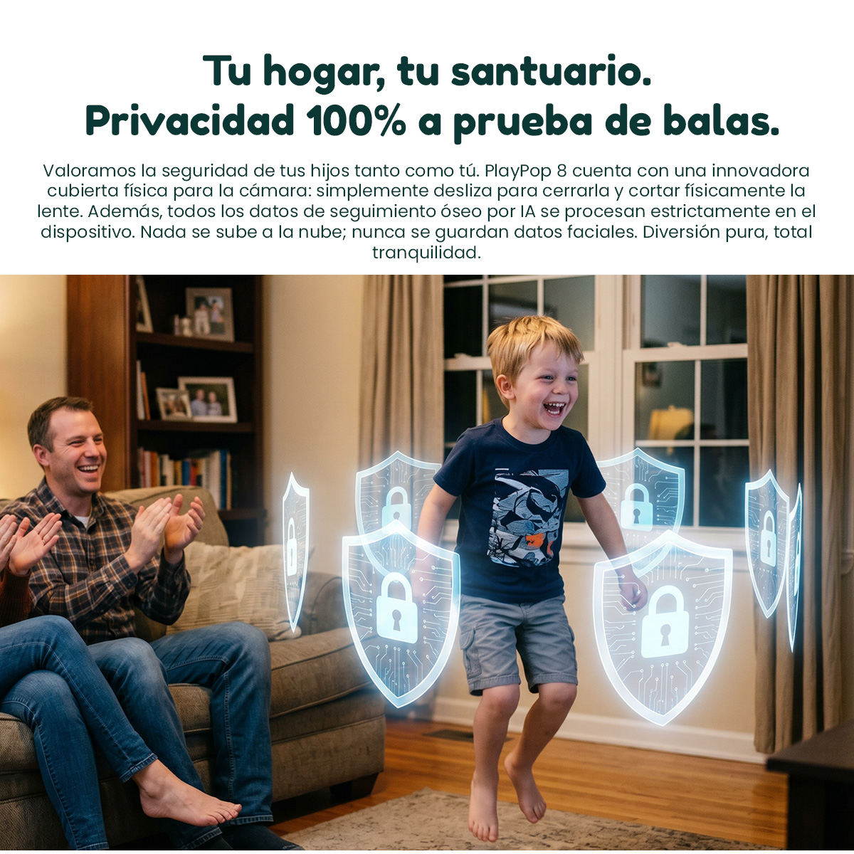 Un niño salta alegremente rodeado de escudos de seguridad digitales brillantes mientras un hombre aplaude en un sofá.