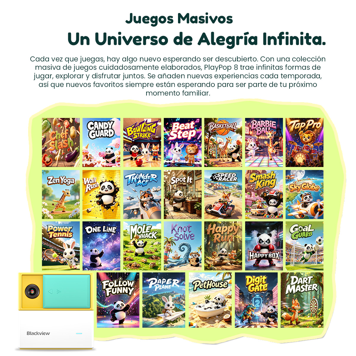 Un póster publicitario muestra varios juegos móviles coloridos con pandas y animales sobre un dispositivo Blackview.
