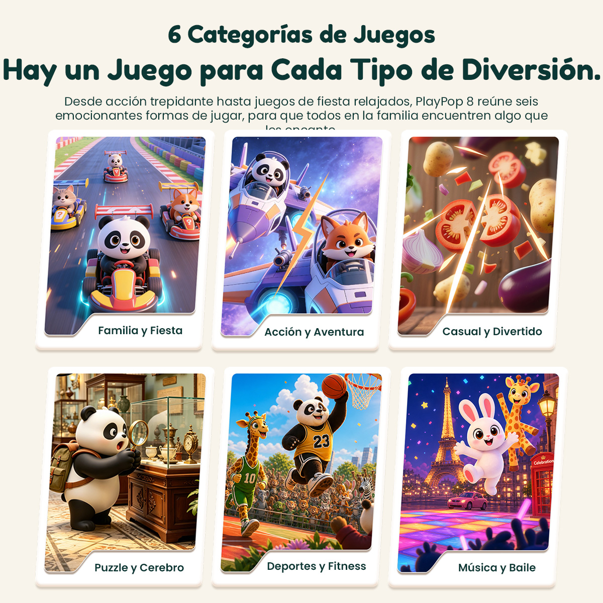 Infografía que muestra seis categorías de juegos con animales de dibujos animados corriendo, volando y jugando.