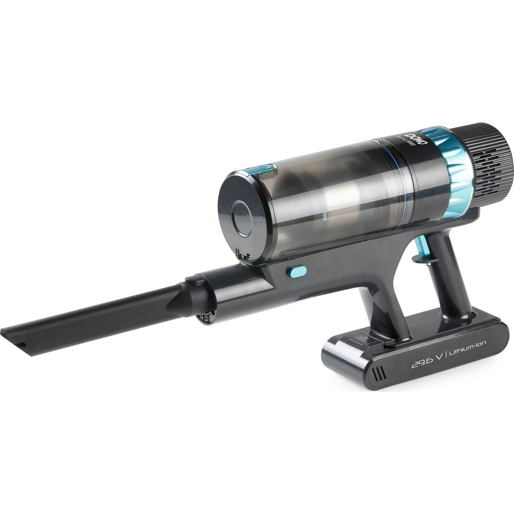 Ein schwarz-blauer Handstaubsauger mit langer Düse und Lithium-Ionen-Akku vor weißem Hintergrund.