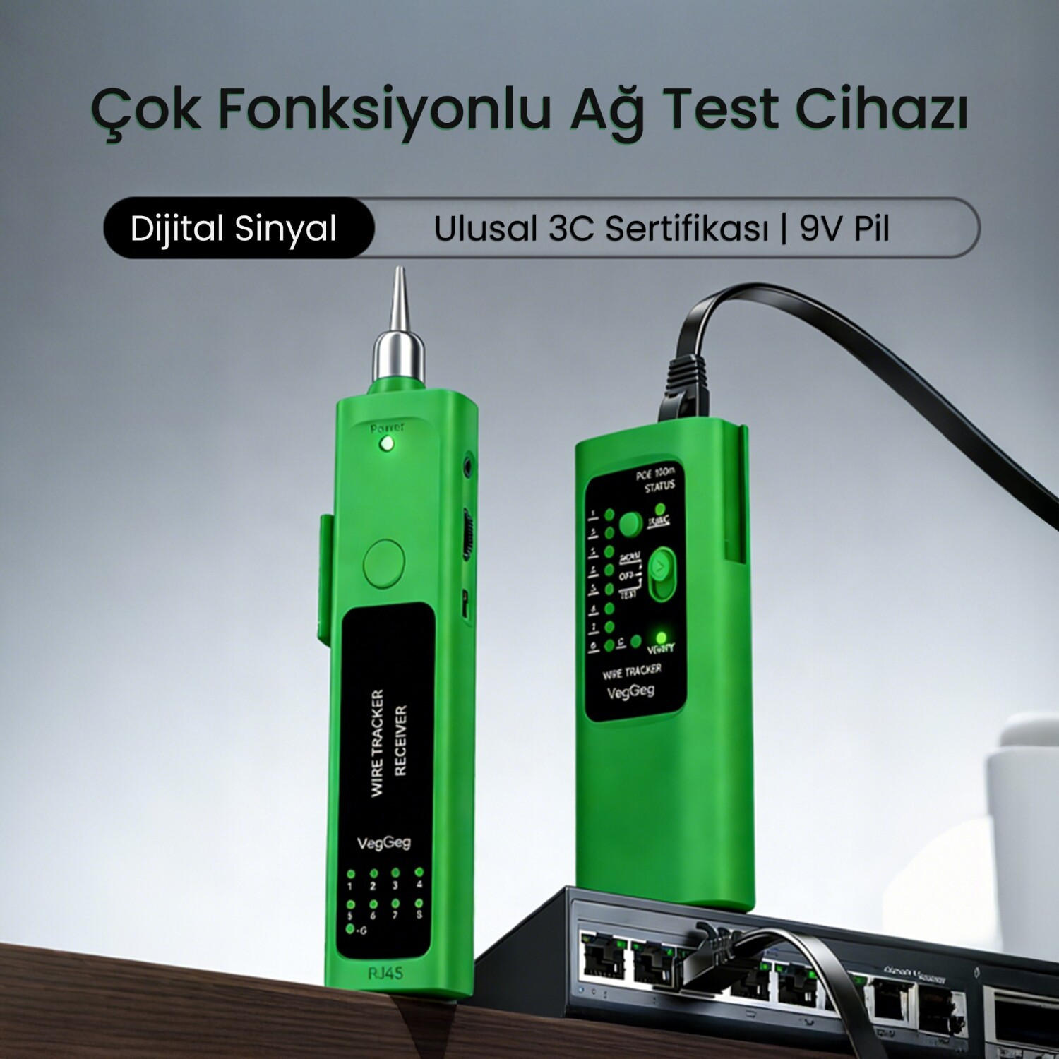Ahşap bir yüzeyde duran ve bir ağ anahtarına bağlı iki yeşil VegGeg ağ kablosu test cihazı.