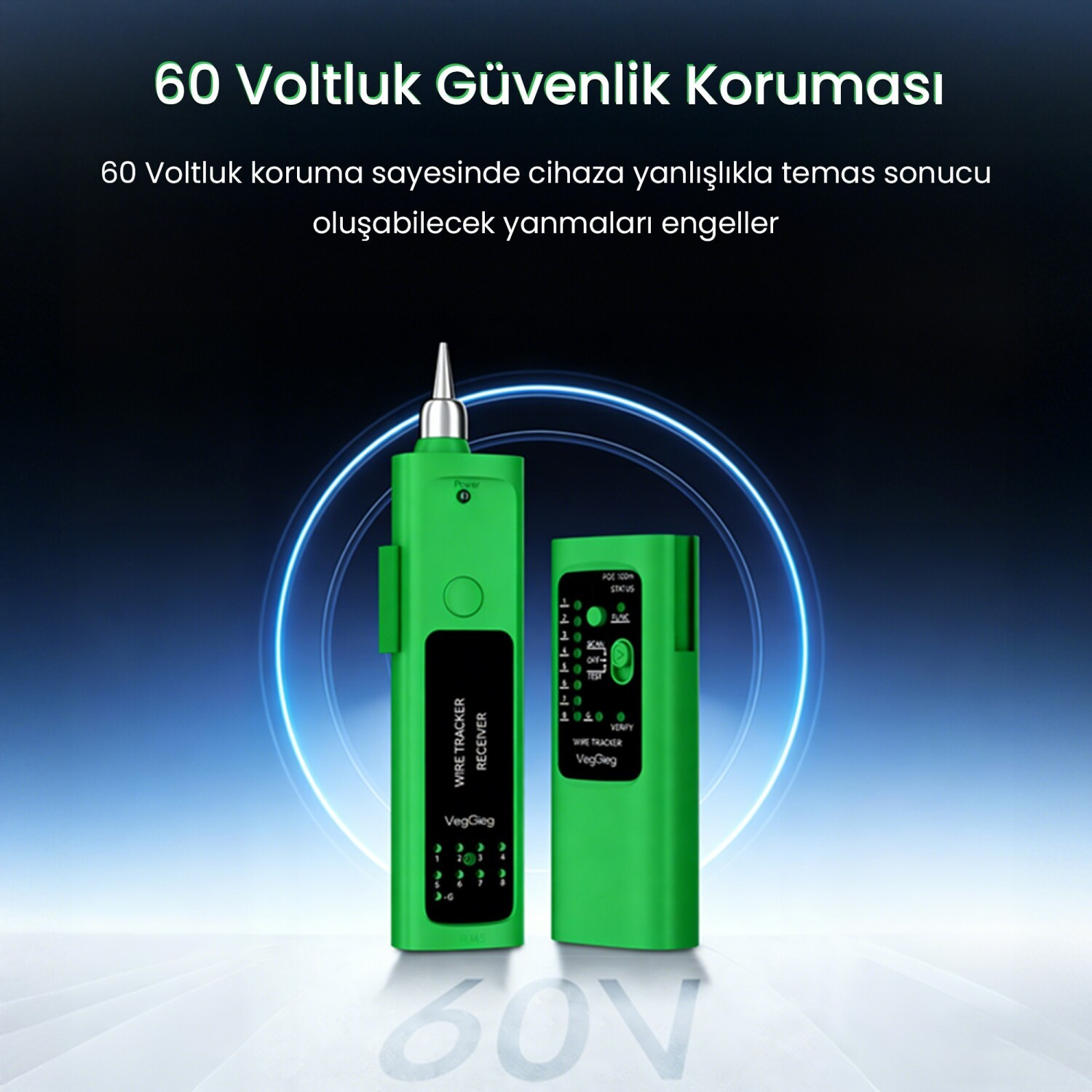60 volt korumalı ve turkuaz ışık efektli yeşil kablo takip cihazı.