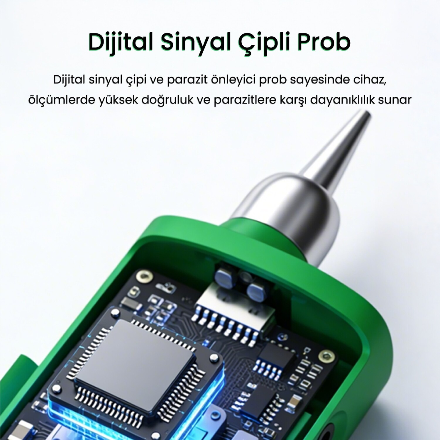 Görünür elektronik devreleri ve metal probu olan yeşil bir cihazın yakın plan görüntüsü.
