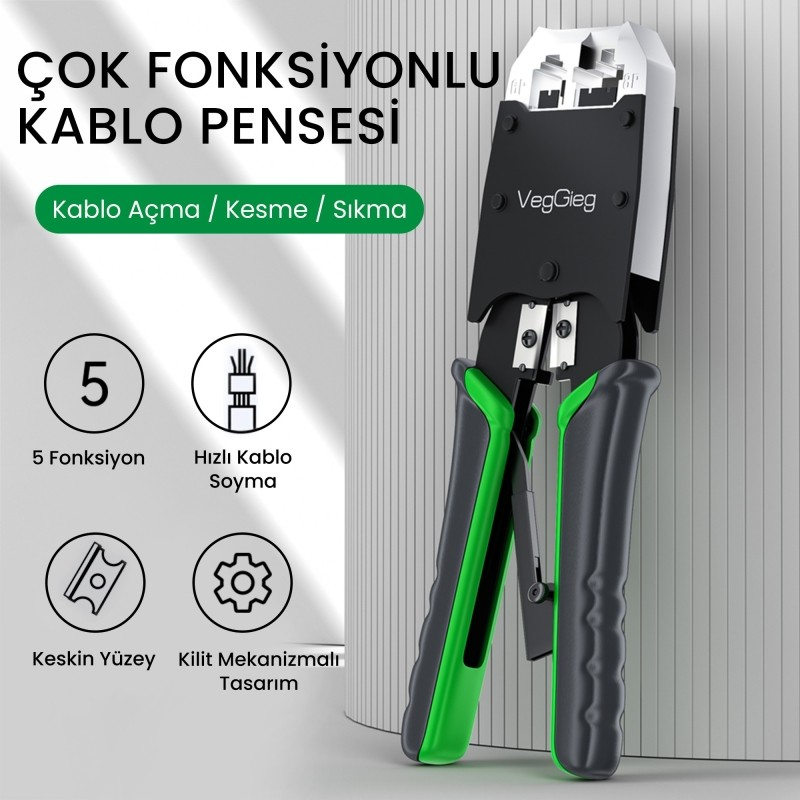 Türkçe metin ve simgeler içeren çok fonksiyonlu siyah ve yeşil kablo sıkma ve sıyırma pensesi.