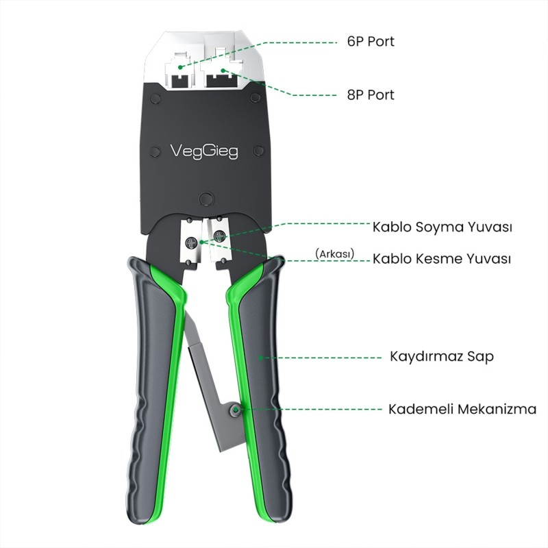 VEGGIEG RJ45 RJ11 RJ12 6P/8P Ağ ve Telefon Kablosu Jak Kesme Soyma Sıkma Çakma Pensesi